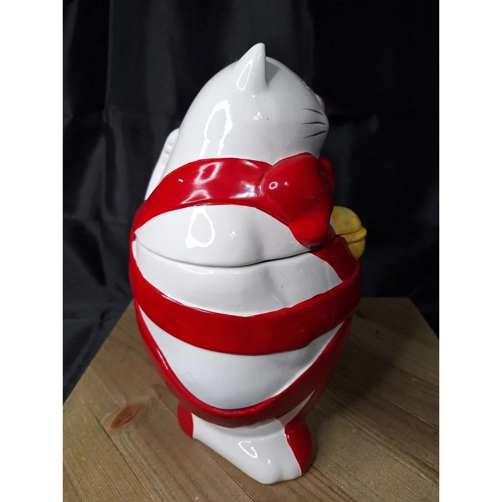 MCE EDI Sausalito White Cat Red Ribbon Bell Ceramic Cookie Jar Vintage 1980s